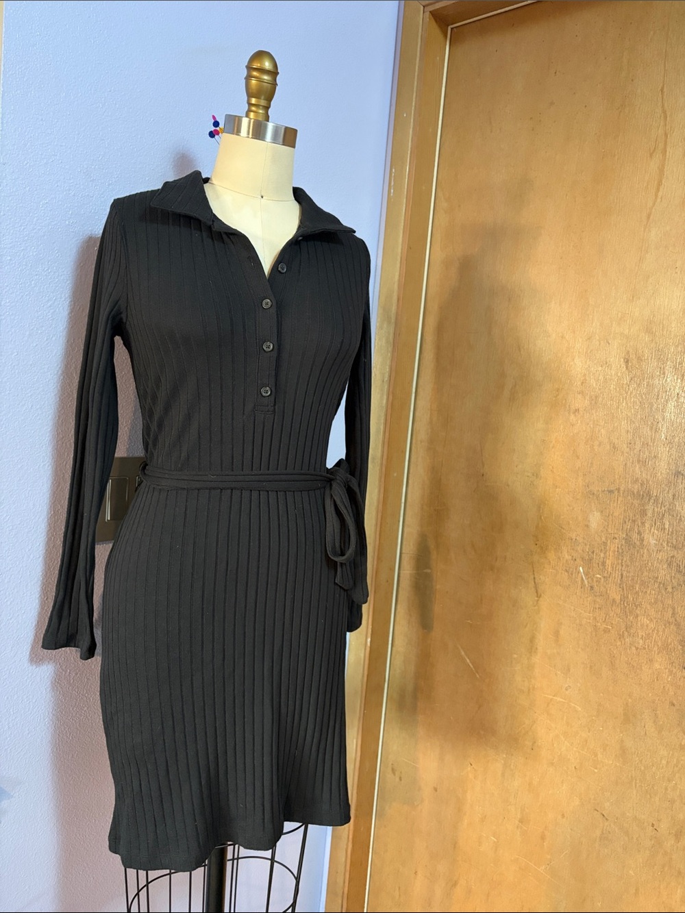Black Long-Sleeve Ribbed Polo Dress with Tie Waist